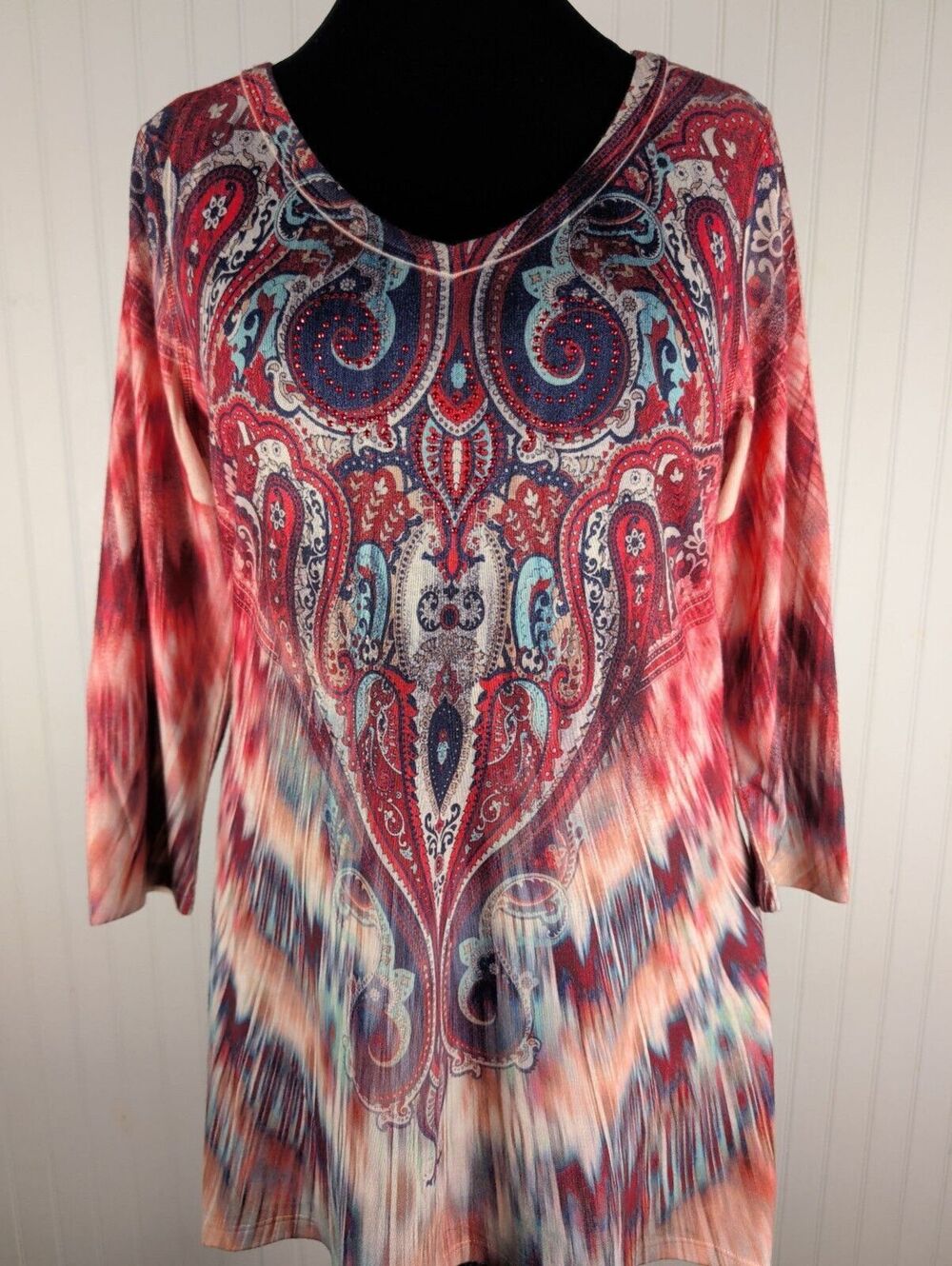 World Unity Boho Paisley Embellished V-Neck Tunic Top
